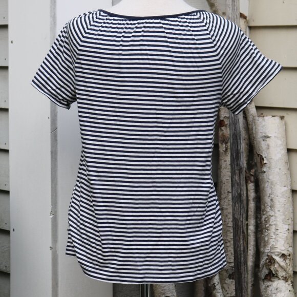 Joe Fresh Blue White Stripe Scoop Neck w Keyhole & Tie Short Sleeve Knit Tee MED - Picture 5 of 7